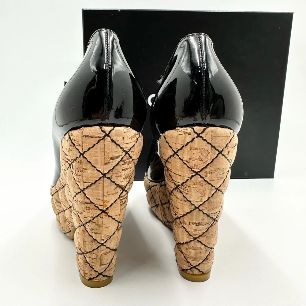 Chanel Black Patent Leather Quilted Cork Platform Peep Toe Heels